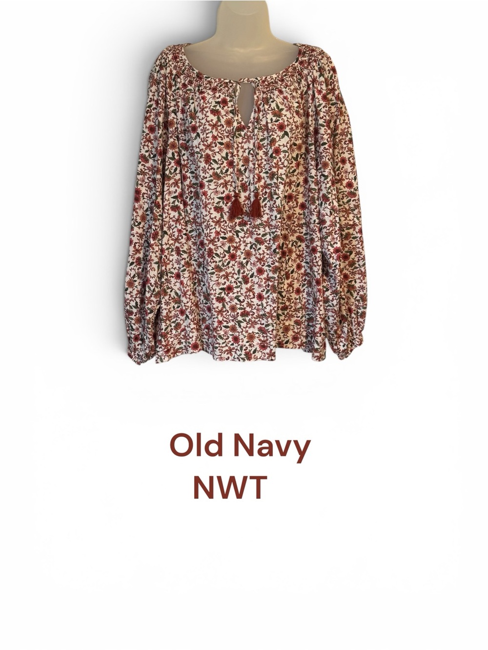 NWT Old Navy Cream Peasant Blouse with Rusty Floral Print PLUS: 2X #R - Picture 1 of 10